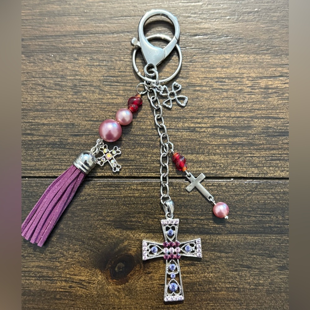 Upcycled Cross Charm Purse Charm with Purple & Pink Accents
